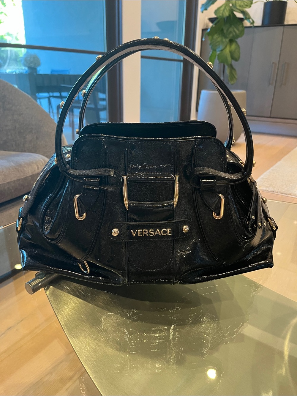 Vintage Versace Black Patent Shoulder Bag with Gold Hardware